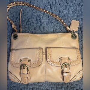 Coach Poppy tan leather medium shoulder bag with whipstitch and buckle accents